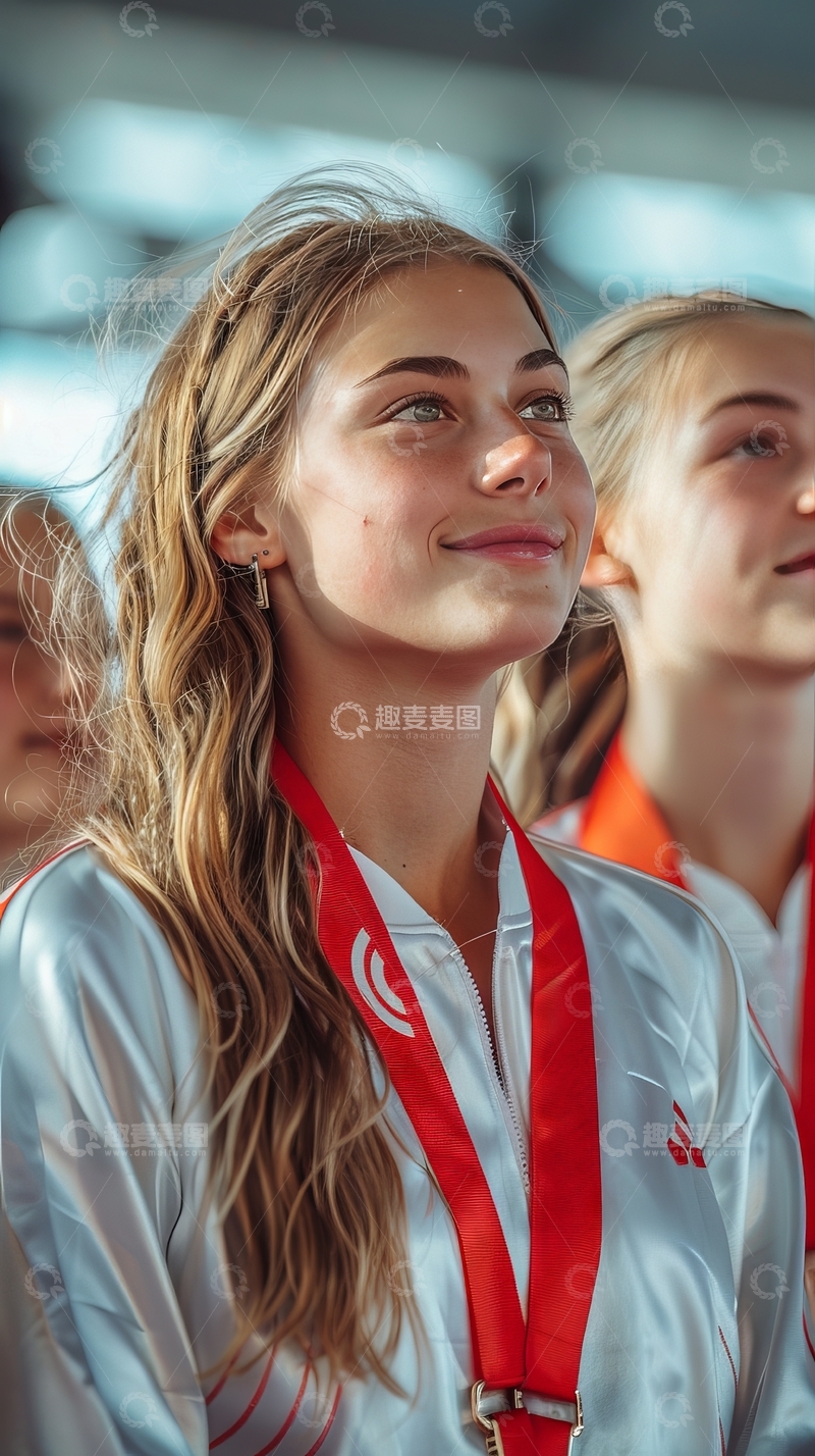 高清大图下载【趣麦麦图】佩戴奖牌的运动员微笑望向远方