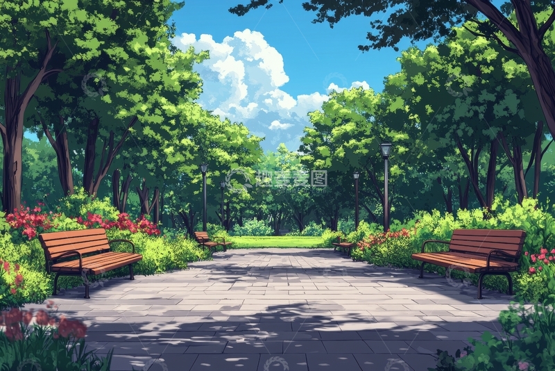 高清大图下载【趣麦麦图】宁静公园小径与绿树红花