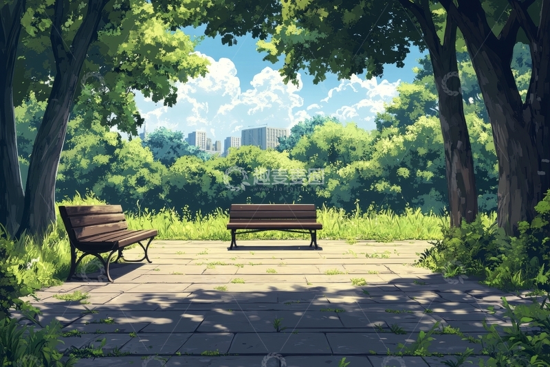高清大图下载【趣麦麦图】公园长椅与绿树成荫的景象