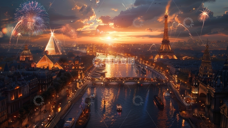 高清大图下载【趣麦麦图】巴黎夜景，埃菲尔铁塔与烟花