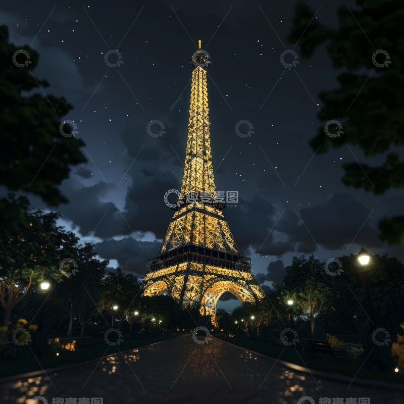 夜幕下的铁塔灯火辉煌