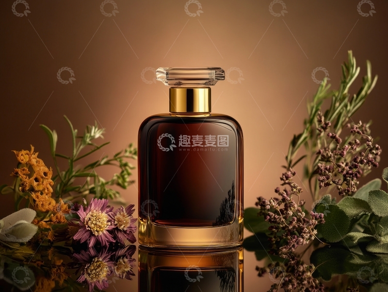 高清大图下载【趣麦麦图】深色香水瓶与花卉装饰