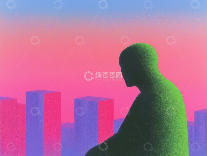 高清大图下载【趣麦麦图】绿色人形背影与彩色城市轮廓
