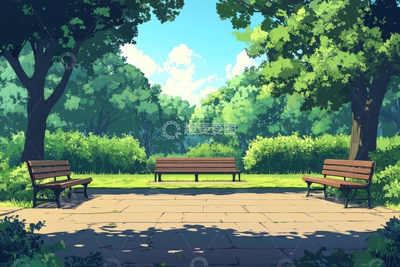 高清大图下载【趣麦麦图】公园长椅与绿树成荫的宁静场景