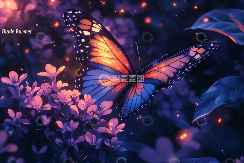 高清大图下载【趣麦麦图】夜色中的橙蓝蝴蝶