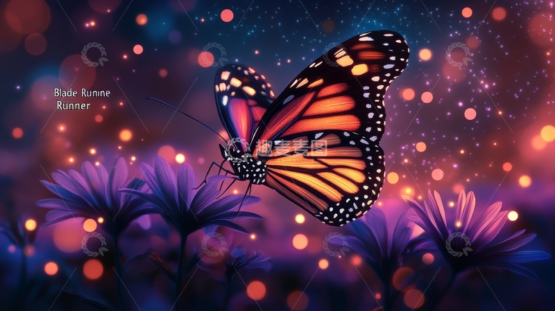 高清大图下载【趣麦麦图】蝴蝶栖息于花丛，梦幻光斑背景