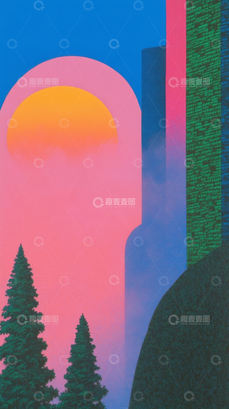 高清大图下载【趣麦麦图】夕阳下的城市剪影与松树