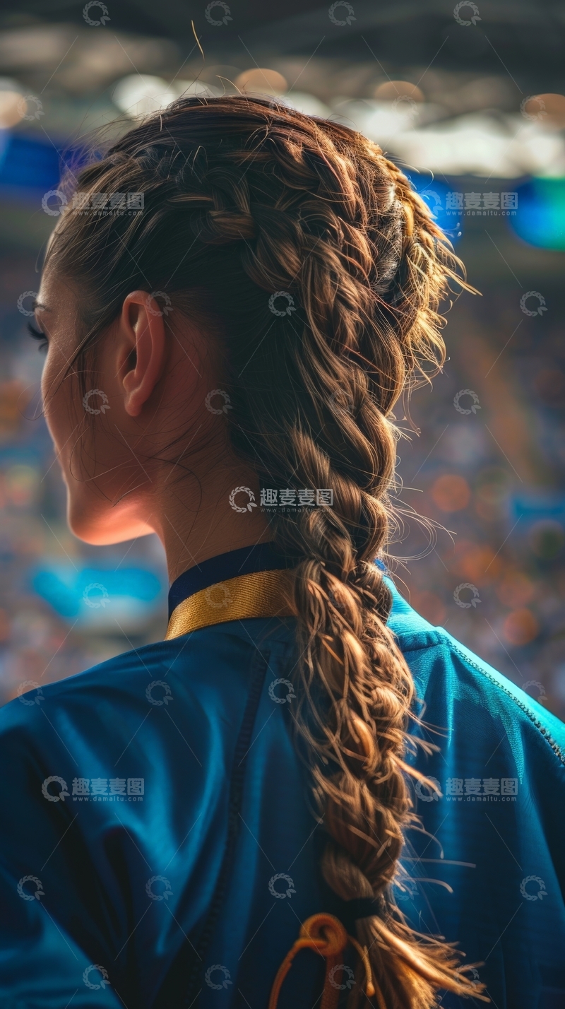 高清大图下载【趣麦麦图】长辫女孩背影，身着蓝色衣物