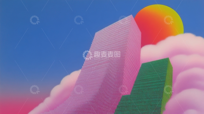 高清大图下载【趣麦麦图】彩色建筑与云霞日落