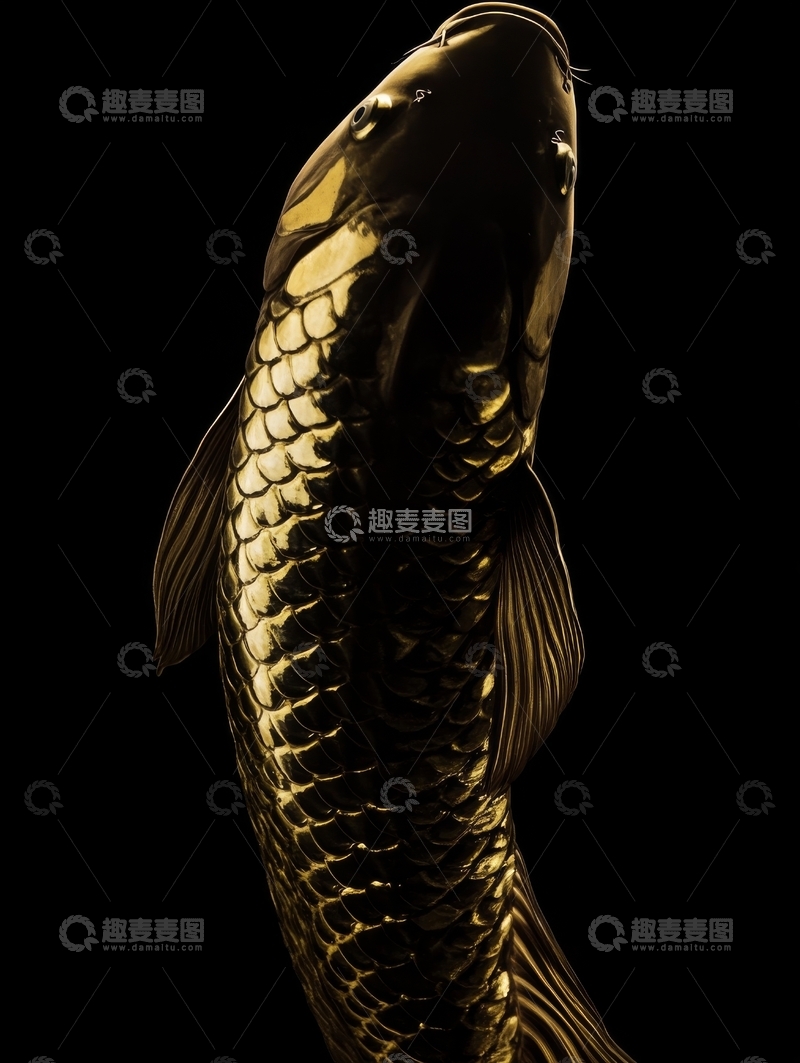 高清大图下载【趣麦麦图】金色鲤鱼特写，黑色背景