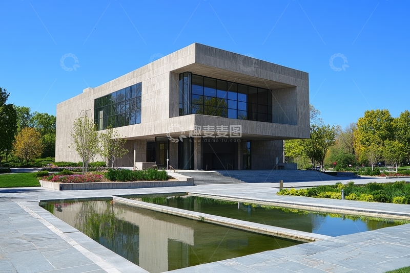 高清大图下载【趣麦麦图】现代建筑前的水池与绿植