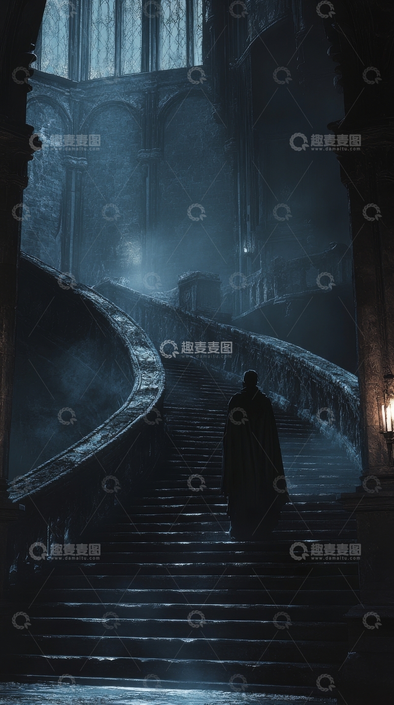 高清大图下载【趣麦麦图】神秘人物行走在古老石阶上