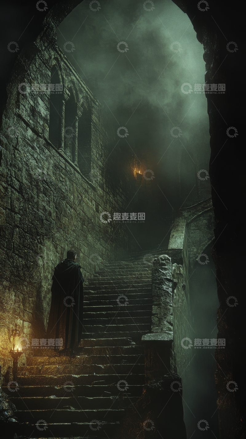 高清大图下载【趣麦麦图】神秘古堡阶梯上的黑影