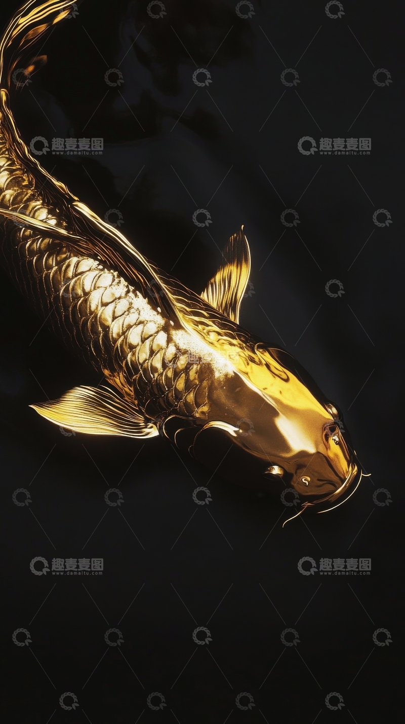 高清大图下载【趣麦麦图】-金色锦鲤在深色背景中游动