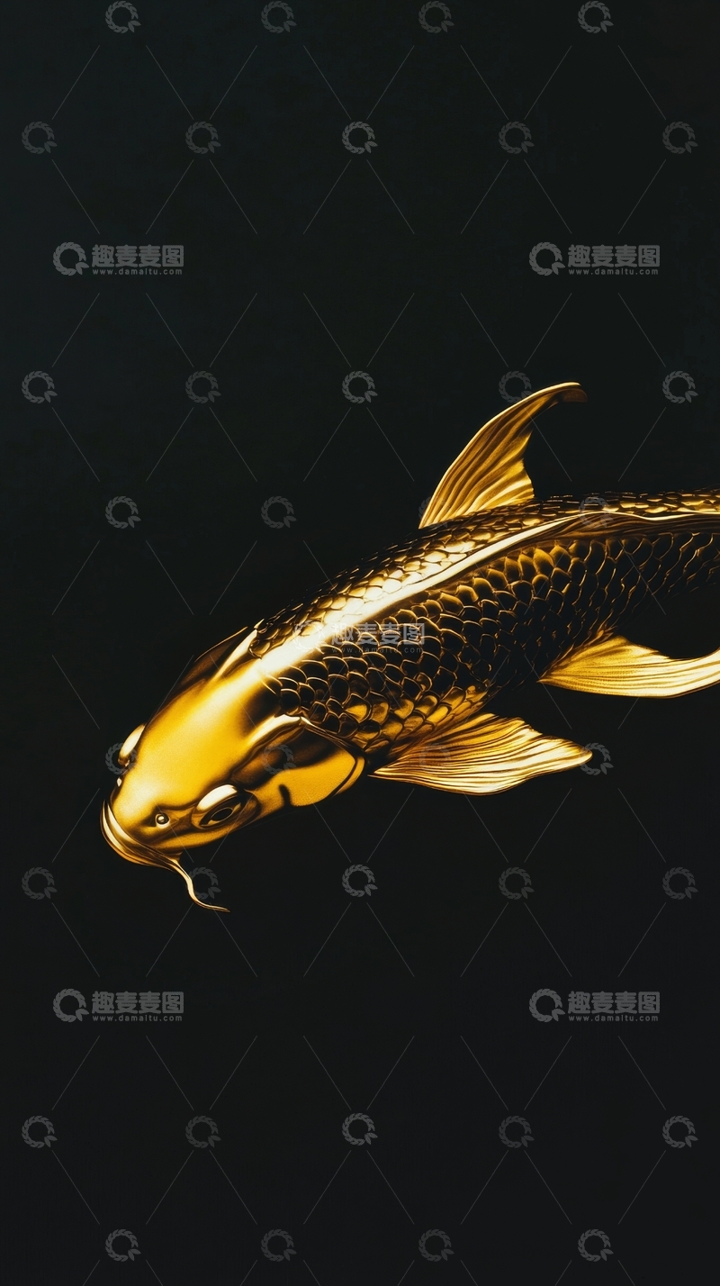 高清大图下载【趣麦麦图】金色锦鲤游动于黑暗背景