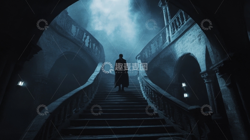 高清大图下载【趣麦麦图】神秘人物站在雾中楼梯上