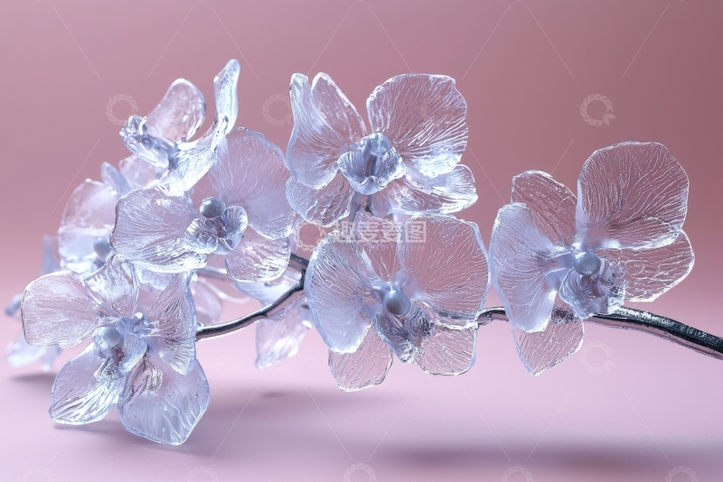 高清大图下载【趣麦麦图】透明冰花枝条，粉色背景