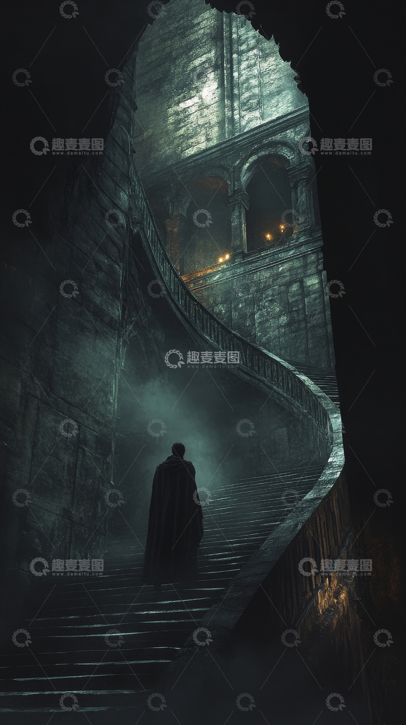 高清大图下载【趣麦麦图】神秘人物行走在古老拱桥之上