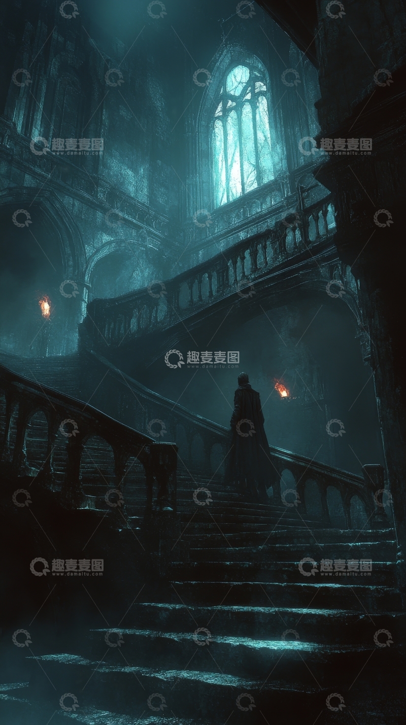 高清大图下载【趣麦麦图】幽暗古堡楼梯上的神秘身影