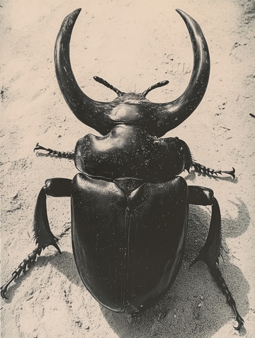 独角仙背视图，沙地上的昆虫特写