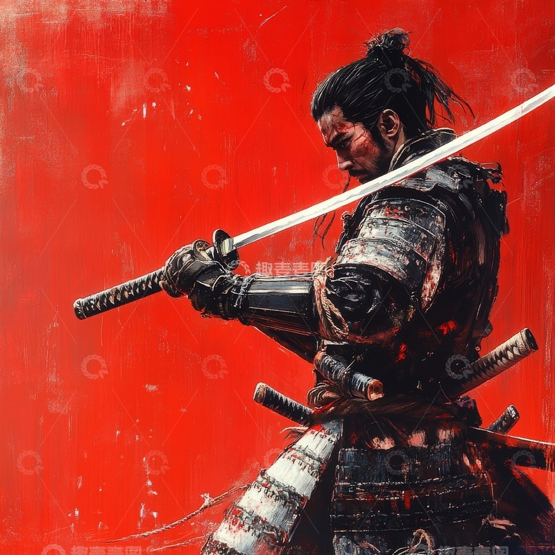 高清大图下载【趣麦麦图】武士持剑，红背景下的英勇姿态