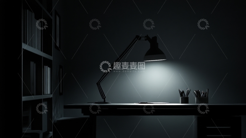 高清大图下载【趣麦麦图】昏暗书房中的台灯照亮桌面