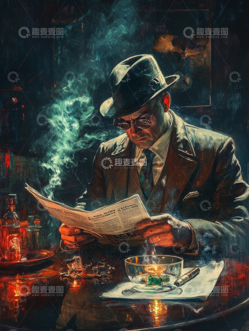 高清大图下载【趣麦麦图】戴帽男子阅读报纸，烟雾缭绕