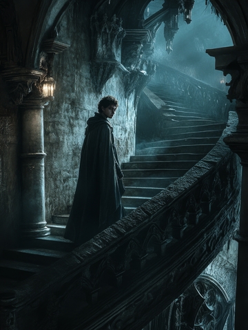 神秘人物行走在古老石阶上