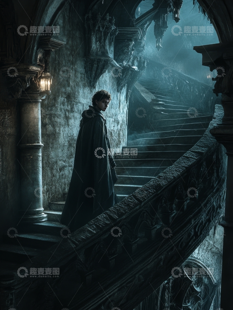 高清大图下载【趣麦麦图】神秘人物行走在古老石阶上