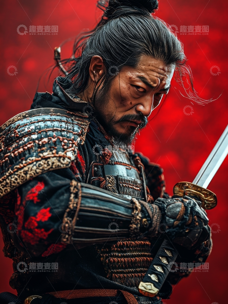 高清大图下载【趣麦麦图】武士身着铠甲，手持长剑，背景鲜红