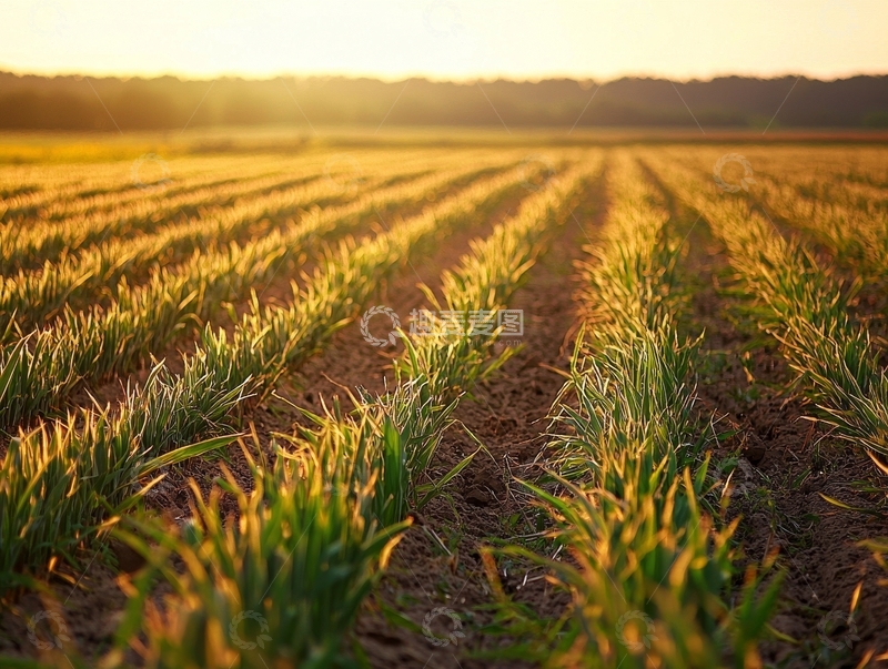 高清大图下载【趣麦麦图】夕阳下的农田绿苗