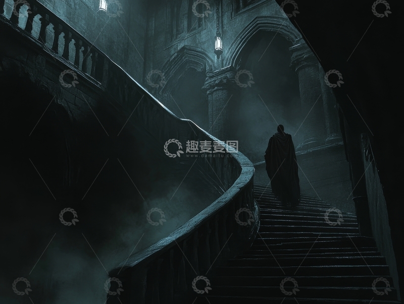 高清大图下载【趣麦麦图】神秘人物在昏暗楼梯间行走