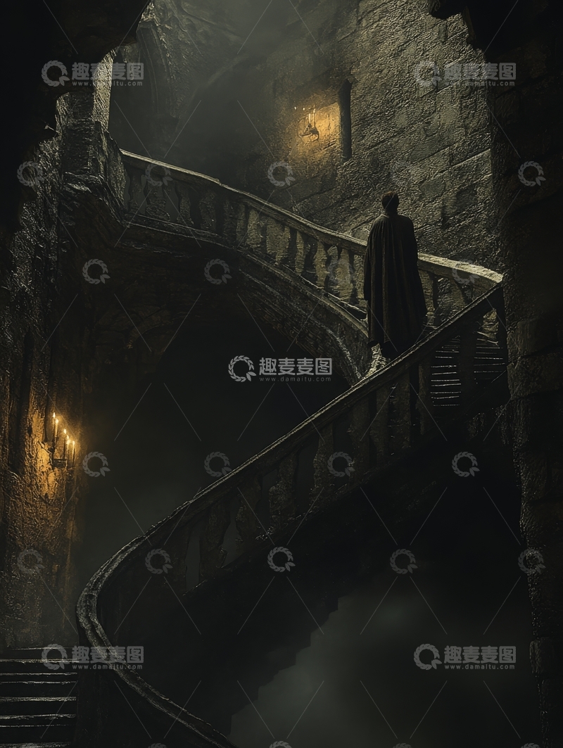高清大图下载【趣麦麦图】幽暗石阶上的孤独身影