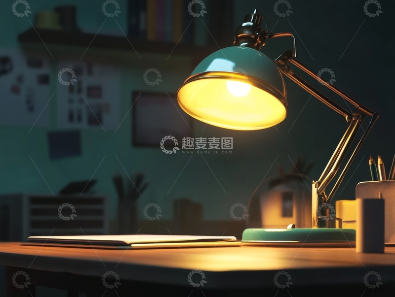 高清大图下载【趣麦麦图】书桌上的台灯照亮了笔记本