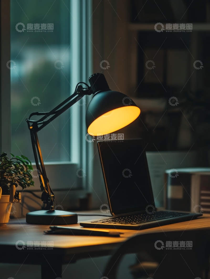 高清大图下载【趣麦麦图】桌上的笔记本电脑与台灯