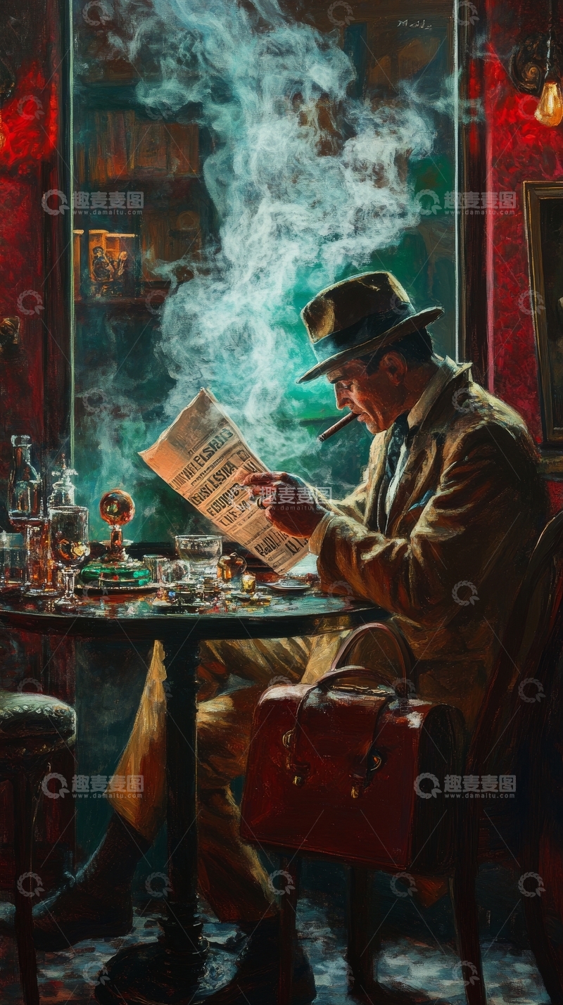 高清大图下载【趣麦麦图】烟雾缭绕中阅读报纸的绅士