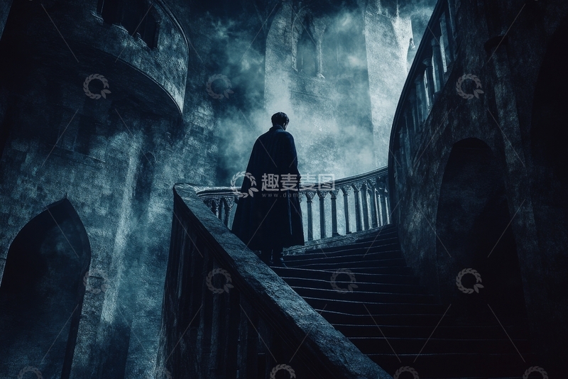 高清大图下载【趣麦麦图】神秘人物伫立于古老楼梯之上