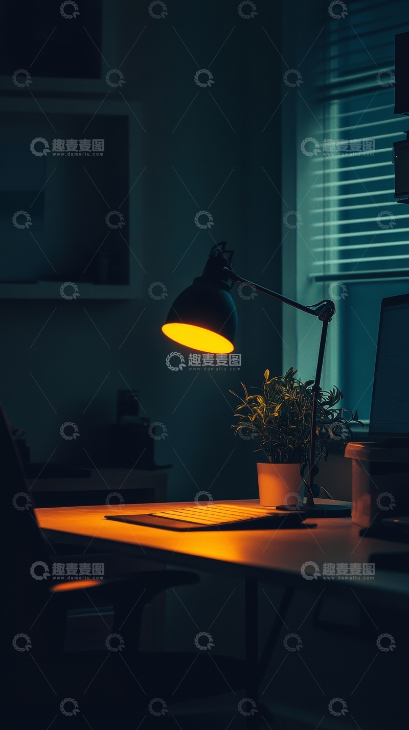 高清大图下载【趣麦麦图】温馨书桌夜景，灯光映照绿植