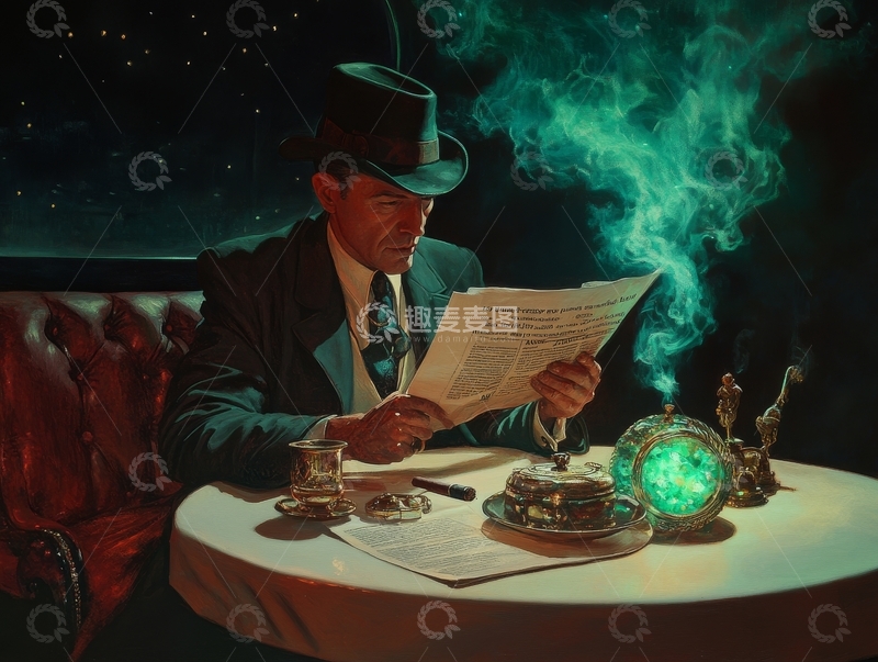 高清大图下载【趣麦麦图】神秘人物阅读文件，绿色烟雾环绕