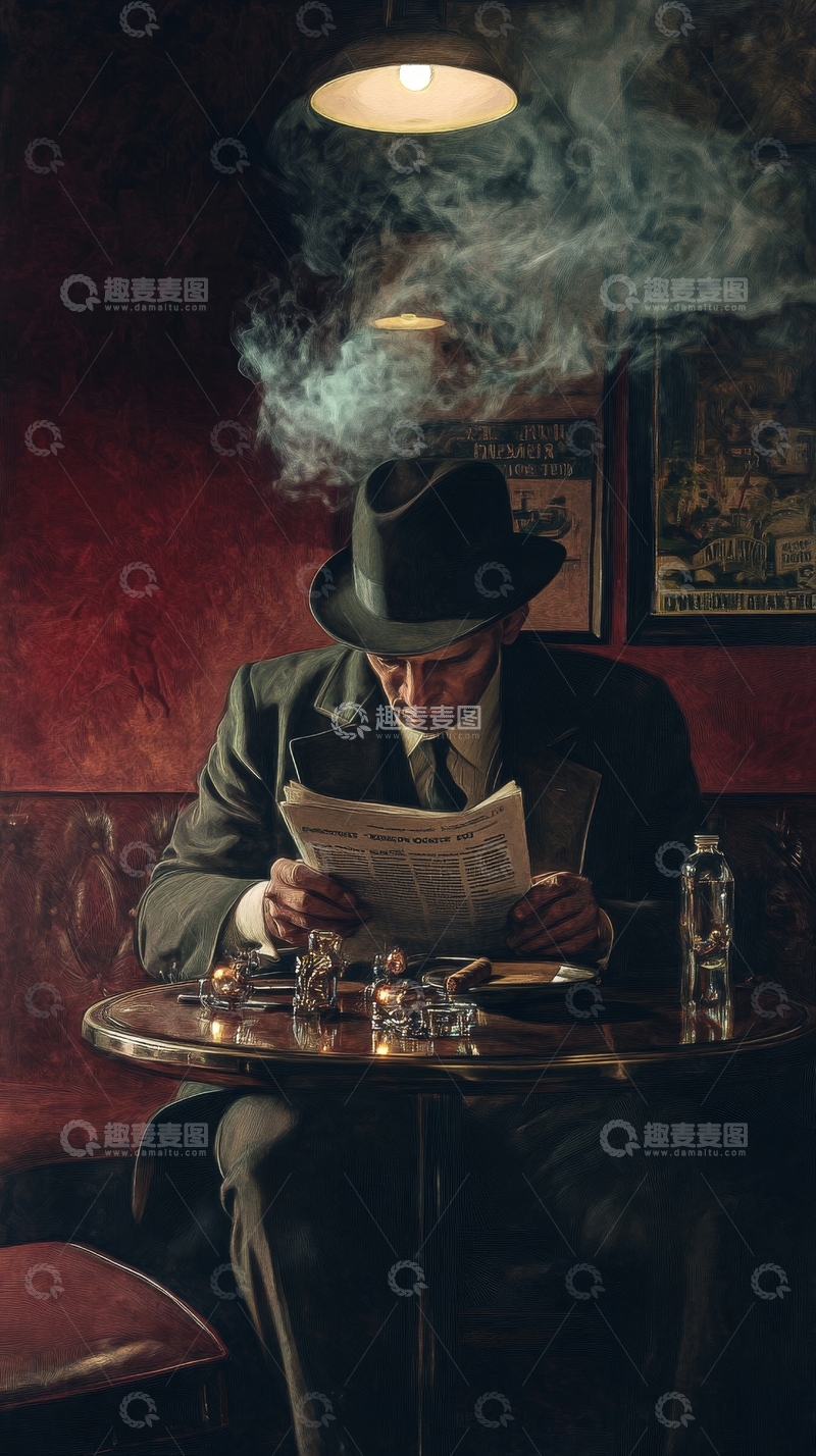 高清大图下载【趣麦麦图】烟雾缭绕中阅读报纸的男子