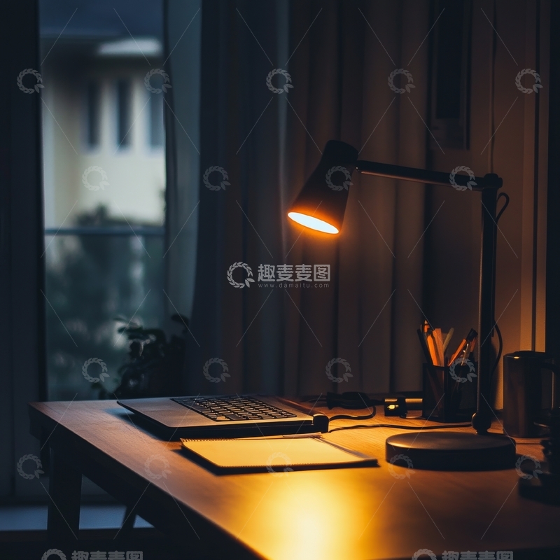 高清大图下载【趣麦麦图】温馨书桌夜景，灯光照亮工作空间