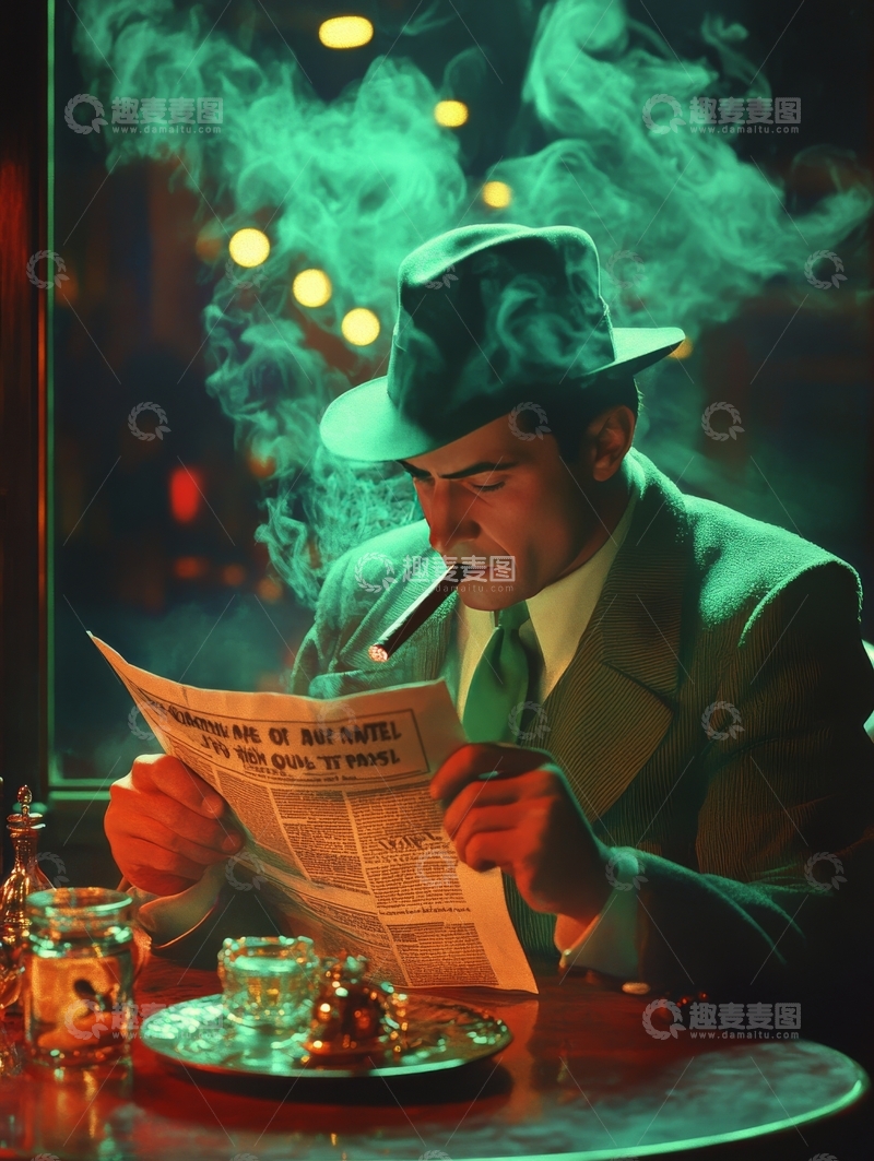 高清大图下载【趣麦麦图】烟雾缭绕中阅读报纸的男子