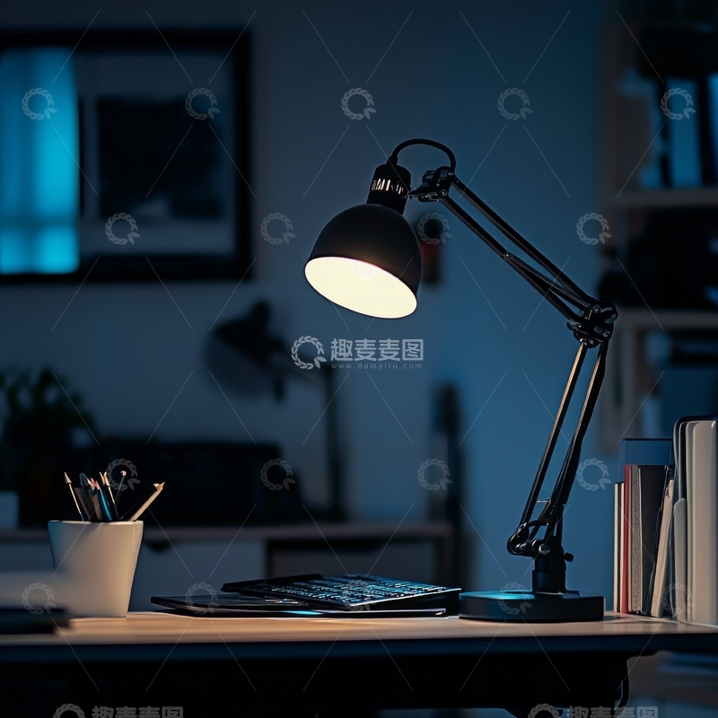 高清大图下载【趣麦麦图】书桌上的台灯照亮了夜晚的工作空间