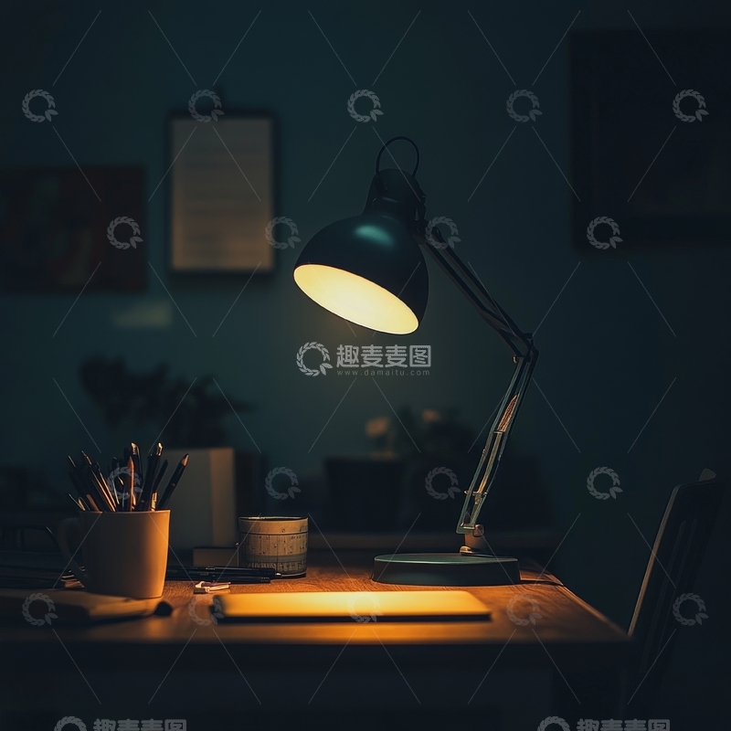 高清大图下载【趣麦麦图】温馨书桌夜景，台灯照亮工作空间