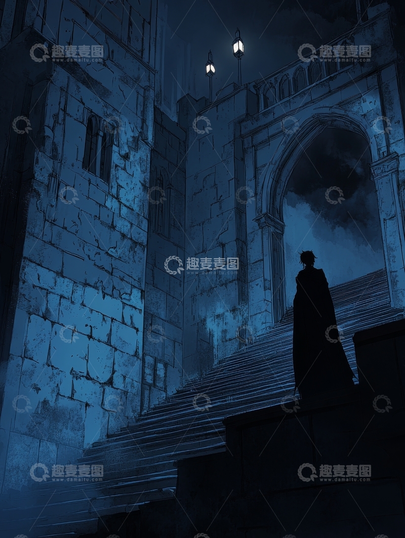 高清大图下载【趣麦麦图】夜幕下的古堡阶梯