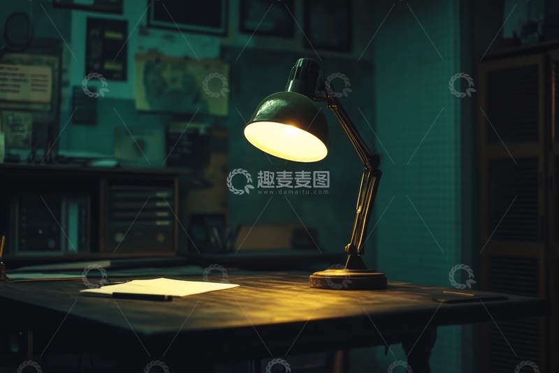 高清大图下载【趣麦麦图】昏暗书房中的台灯照亮桌面