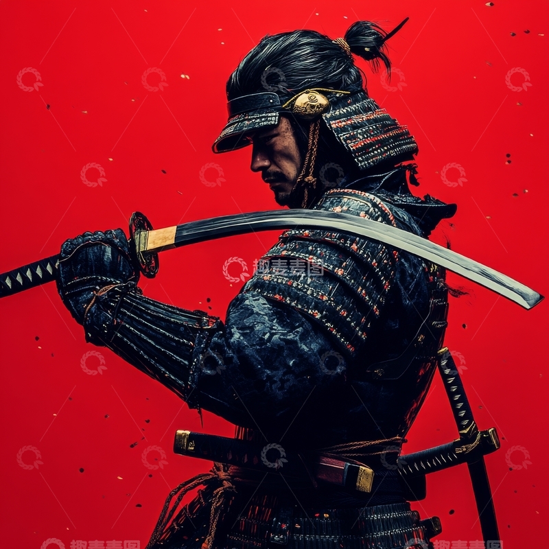 高清大图下载【趣麦麦图】武士持剑，红色背景