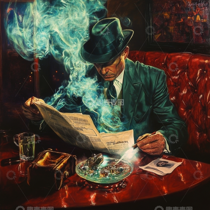 高清大图下载【趣麦麦图】烟雾缭绕中阅读报纸的男子