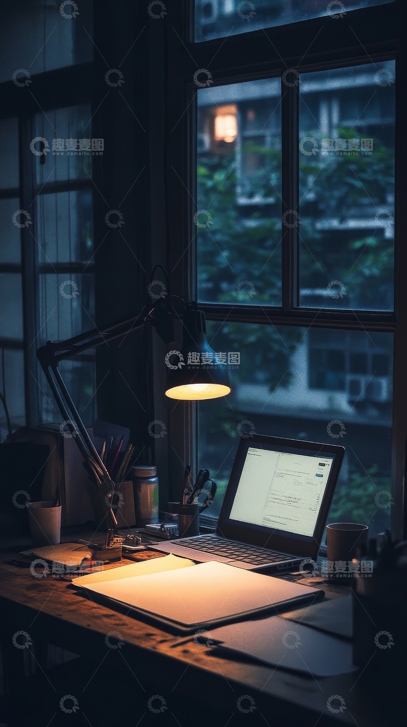 高清大图下载【趣麦麦图】窗边书桌上的笔记本电脑与台灯