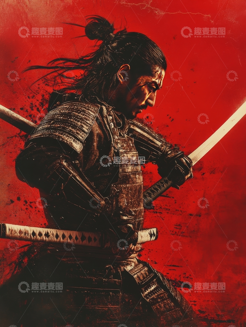 高清大图下载【趣麦麦图】武士挥剑，红色背景下的英勇姿态